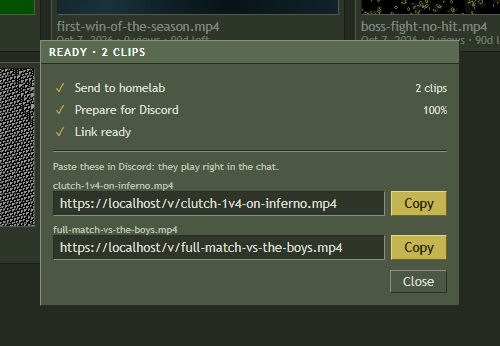Upload finished: two links with Copy buttons