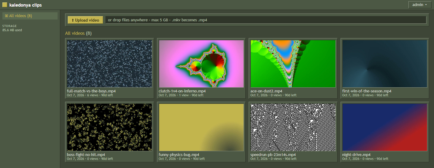 Library: a grid of clips with thumbnails, views and days left