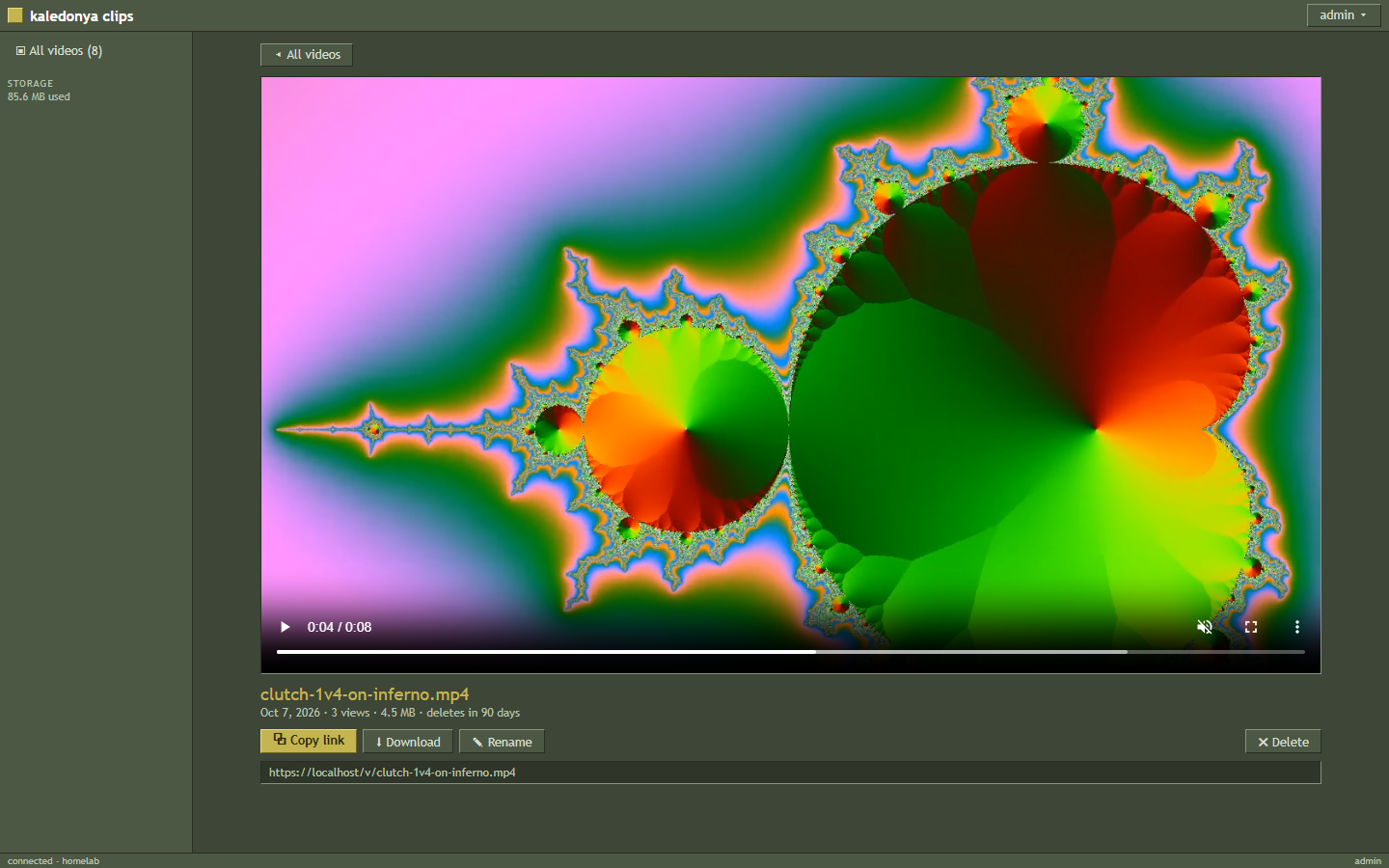 Watch page: the clip in a player with Copy link, Download, Rename and Delete