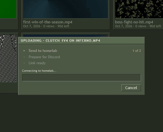 Uploading two clips: send, prepare for Discord with a live percentage, then the links appear with Copy buttons